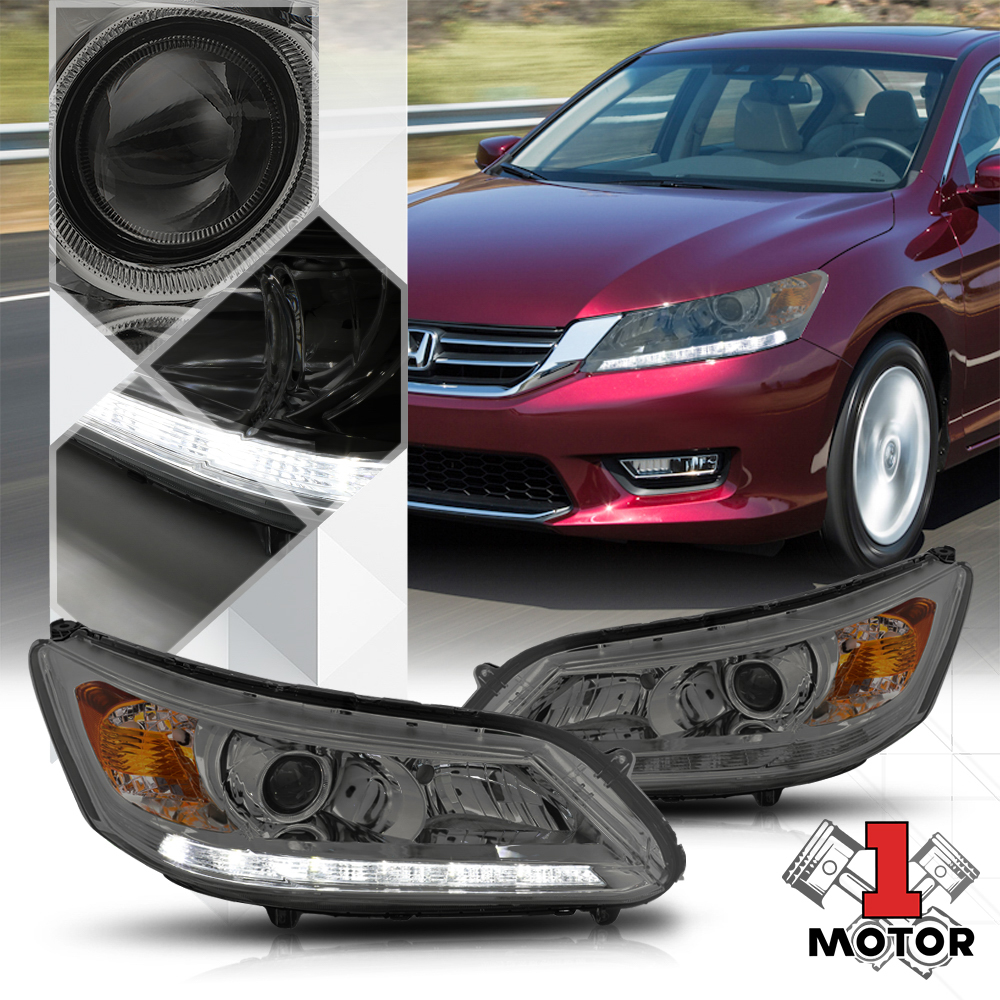 Fits 2013-2015 Honda Accord {LED BAR DRL} Smoke/Clear Corner Projector Headlight